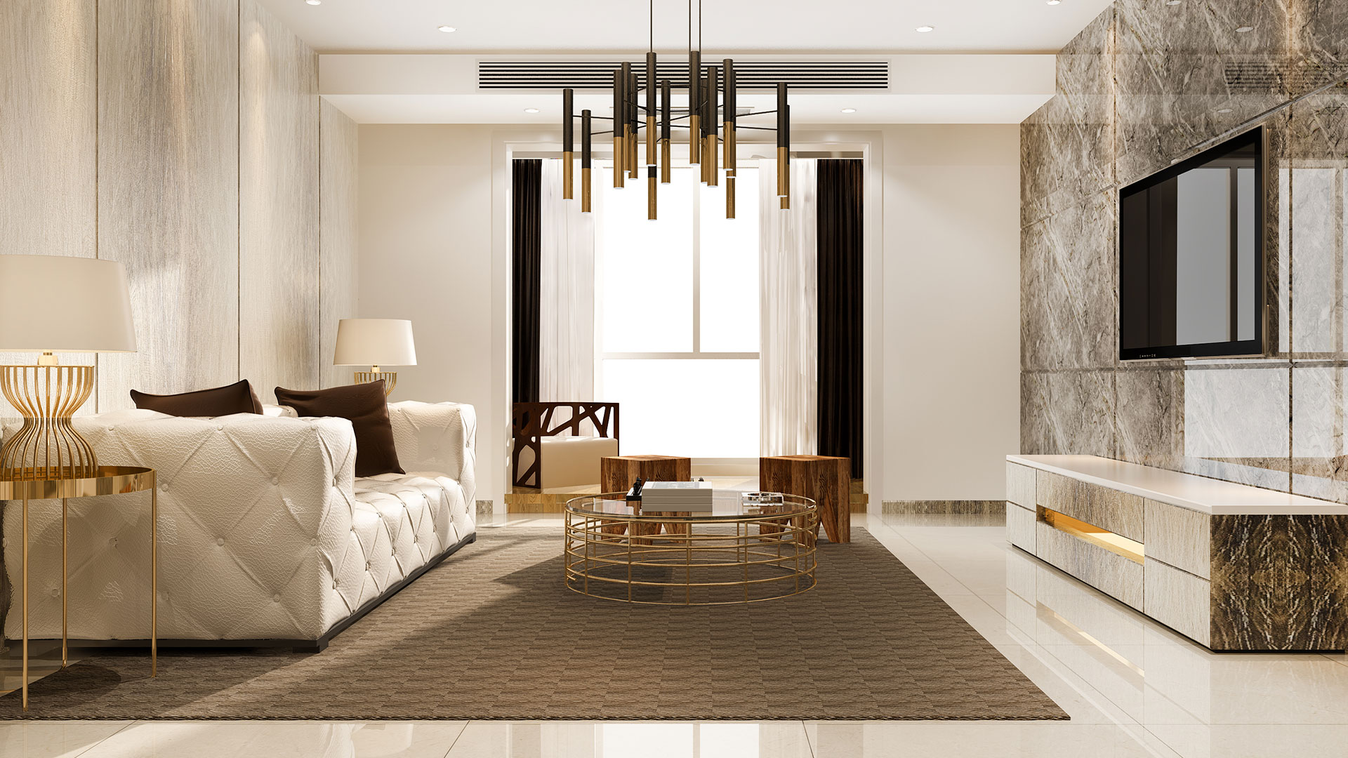 Luxury interior design Malaysia modern living room with marble wall and premium contemporary interior by Sixmill Design